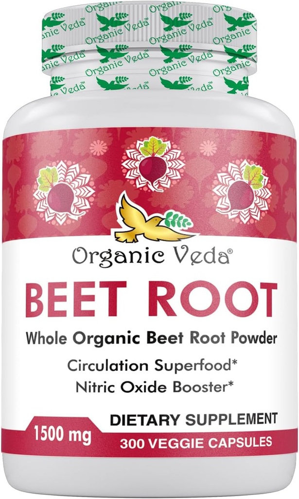 Orgánica Veda Beet Root Capsules 1500mg - 300 Beet Root Powder cápsulas con Nitratos de alta resistencia para soportar la circulación, Nitric Oxide, Energía, Resistencia " - No Gluten-Free
