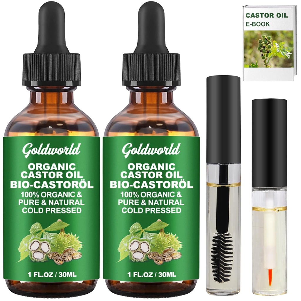 Aceite de Castor Ecológico y puro frío prensado sin refinar el suero de crecimiento de pestañas, Hexane Botella de vidrio gratis, Regalos de Navidad para las mujeres Stocking Stuffers