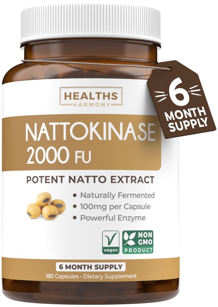 Salud Armonía Nattokinase 2000 FU (No-GMO) Suplemento potente de Nattokinasa Hecho de soyas fermentadas naturalmente - (6 mes de suministro) 180 Vegan Natto Capsules