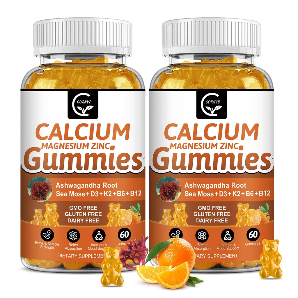 1200 mg Gummies de calcio con vitamina D3,K2,B12 &amp; B6 - Suplemento de magnesio de calcio complejo vegetal con glucocinato, potasio, mosaico de sea, raíz de ashwagandha para la fuerza de los dientes de hueso, músculo &amp; paquete Immune-2