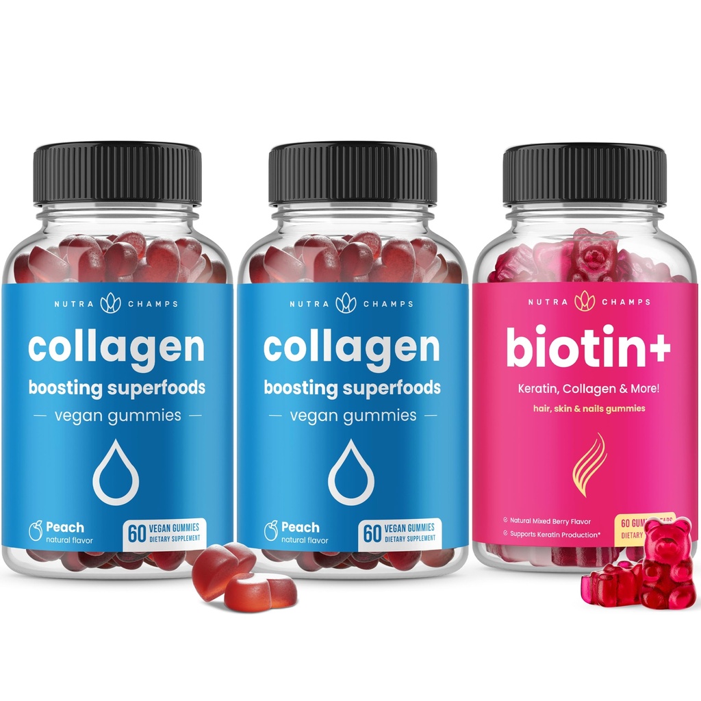 NutraChamps Pelo completo, Esquín &amp; Nails Bundle - Biotina, Collagen, Keratin &amp; More