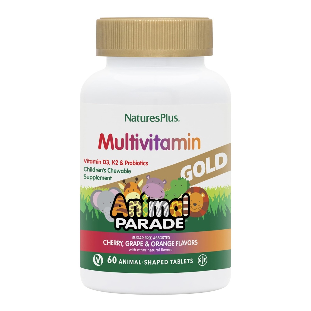 Natures Plus Animal Parade Fuente de Vida Gold Children's Chewable Multivitamin - Cereza surtida, Orange &amp; Grape Flavors - 60 Chewable Tablets - Vegetariano, Gluten-Free - 30 Servimientos