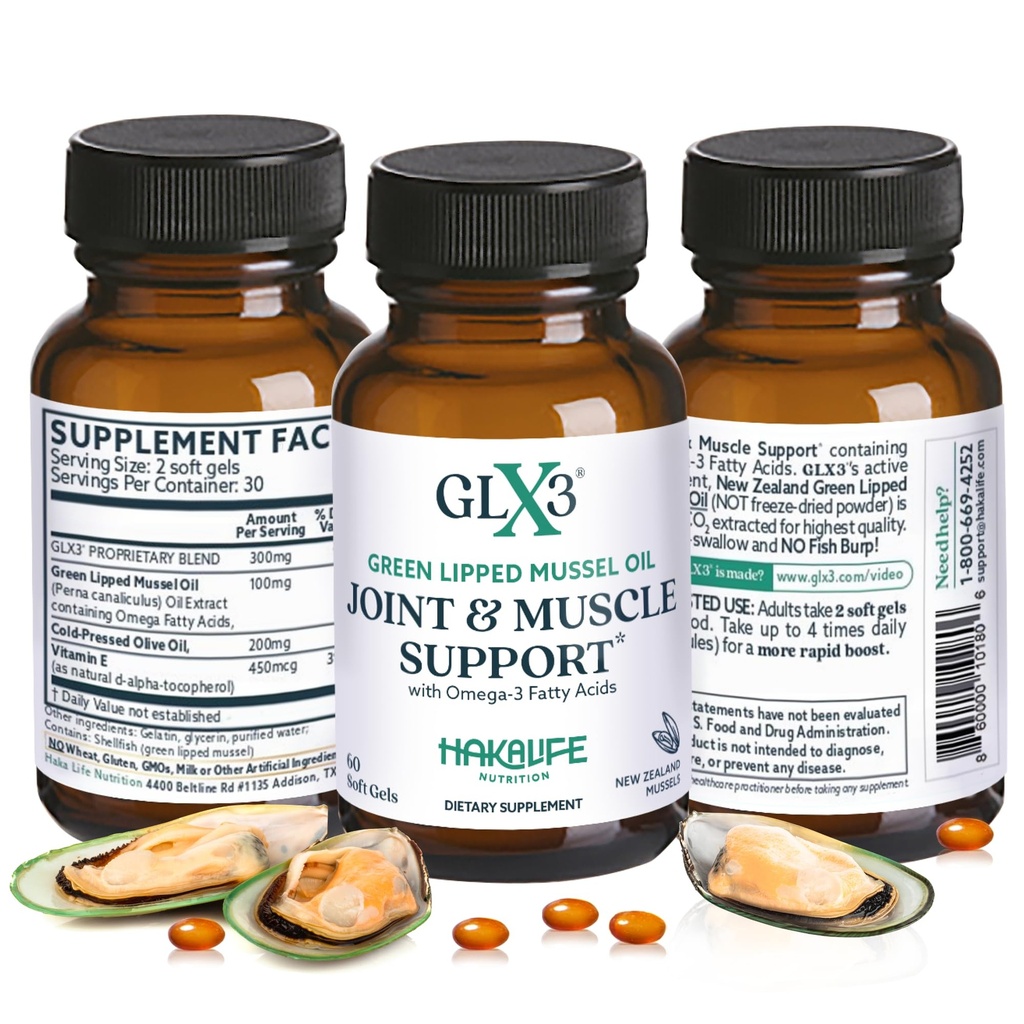 GLX3 Green Lipped Mussel Oil Capsules for Joint and Muscle Support | Extra-Strength ETA, EPA, DHA Omega-3 Green Lipped Mussel Supplement for Comfort, Flexibility & Recovery by HakaLife GLX3