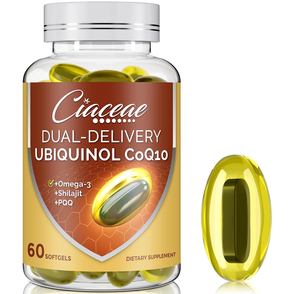 Ubiquinol CoQ10 600 MG Softgels con Omega-3 " Shilajit " PQQ, Coenzyme-Q10 avanzado, Active CoQ10 Ubiquinol Suplemento para Fertilidad, Antioxidante, Corazón, Cerebro &amp; Energía, 60 Servimientos