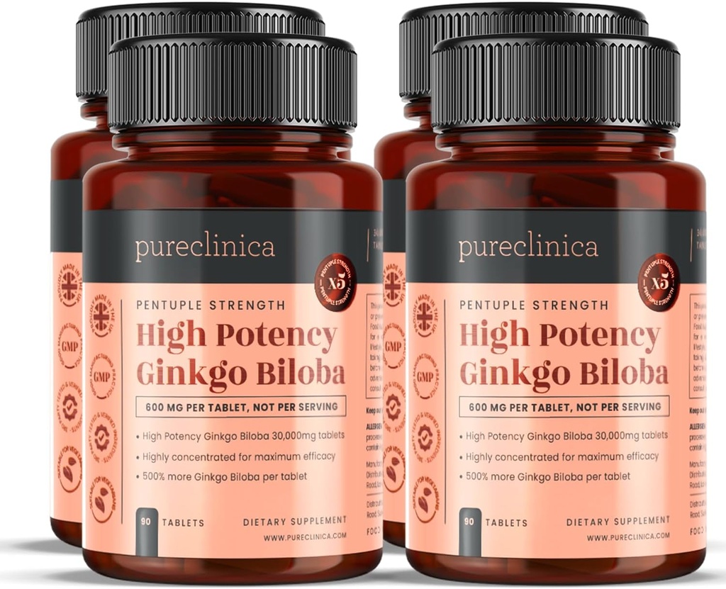 pureclinica High Potency Ginkgo Biloba 30,000mg x 360 Tablets (4 Botellas de 90) - 12 Meses Supply - 5 Times La fuerza de los productos del competidor