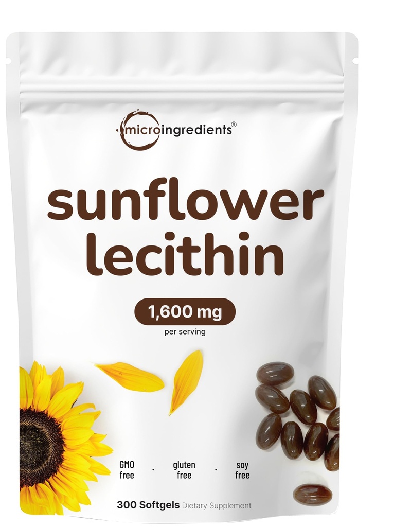Micro Ingredientes Sunflower Lecithin 1,600mg Por Serving, 300 Softgels ← Fuente sostenible, Frío Presionado, Rico en Phosphatidyl Choline ← Lactation Suplemento* ← Soy Free, Non-GMO