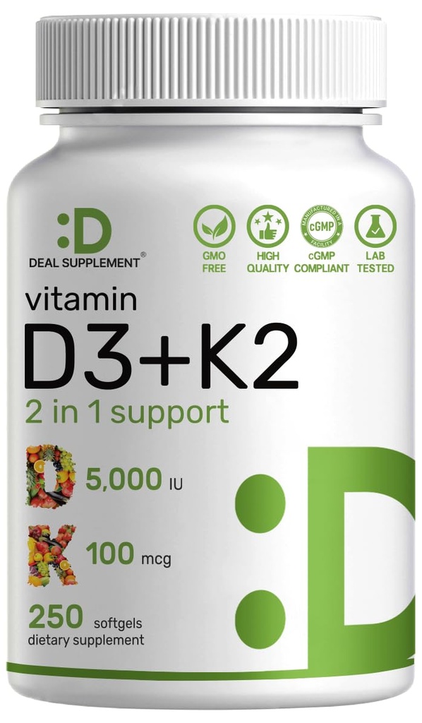 SUPLEMENTO DEAL Vitamina D3 5,000 UI + K2 MK7 Softgels, 250 Conde Silencio 2-en-1 Complejo Silencio fácil de absorber
