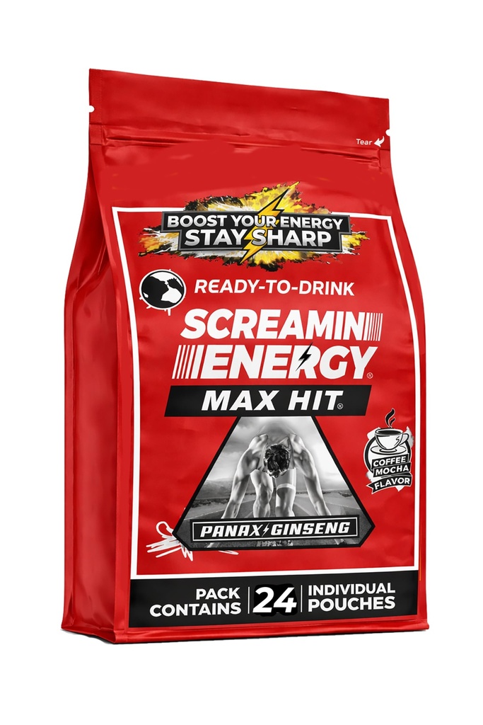 Screamin Energy Max Hit - Zapatos de energía Extra Strength with Ginseng & Caffeine - 100% B-1, B-2, B-3, B-6, B-7 y B12 Coffee Mocha, 24 Condes