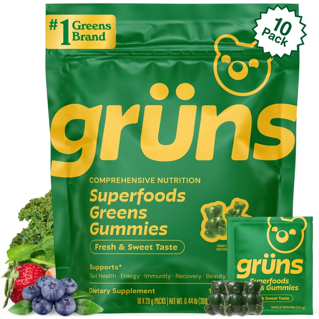 Gruns Adult Super Greens Gummies - Superfood Gummy Bears with Spirulina, Clorella " Prebiotics for Digestive Health - Adaptogens Supplement with 20 Vitamins " Minerals, Low Sugar- 2-Week Supply