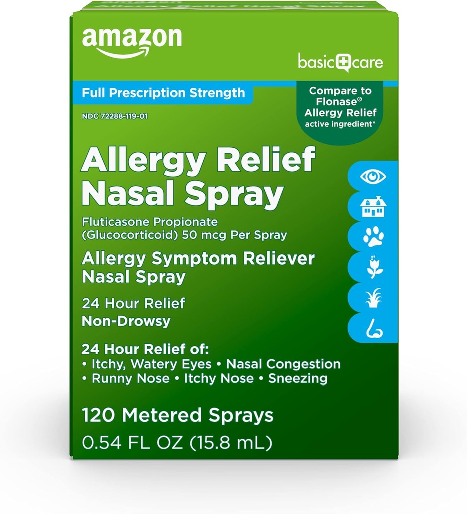 Atención básica 24 horas Alivio de alergia Nasal Spray, Fluticasone Propionate (Glucocorticoid), 50 mcg Por Spray, Full Prescription Strength, Non-Drowsy, 0.54 fl oz (Pack of 1)