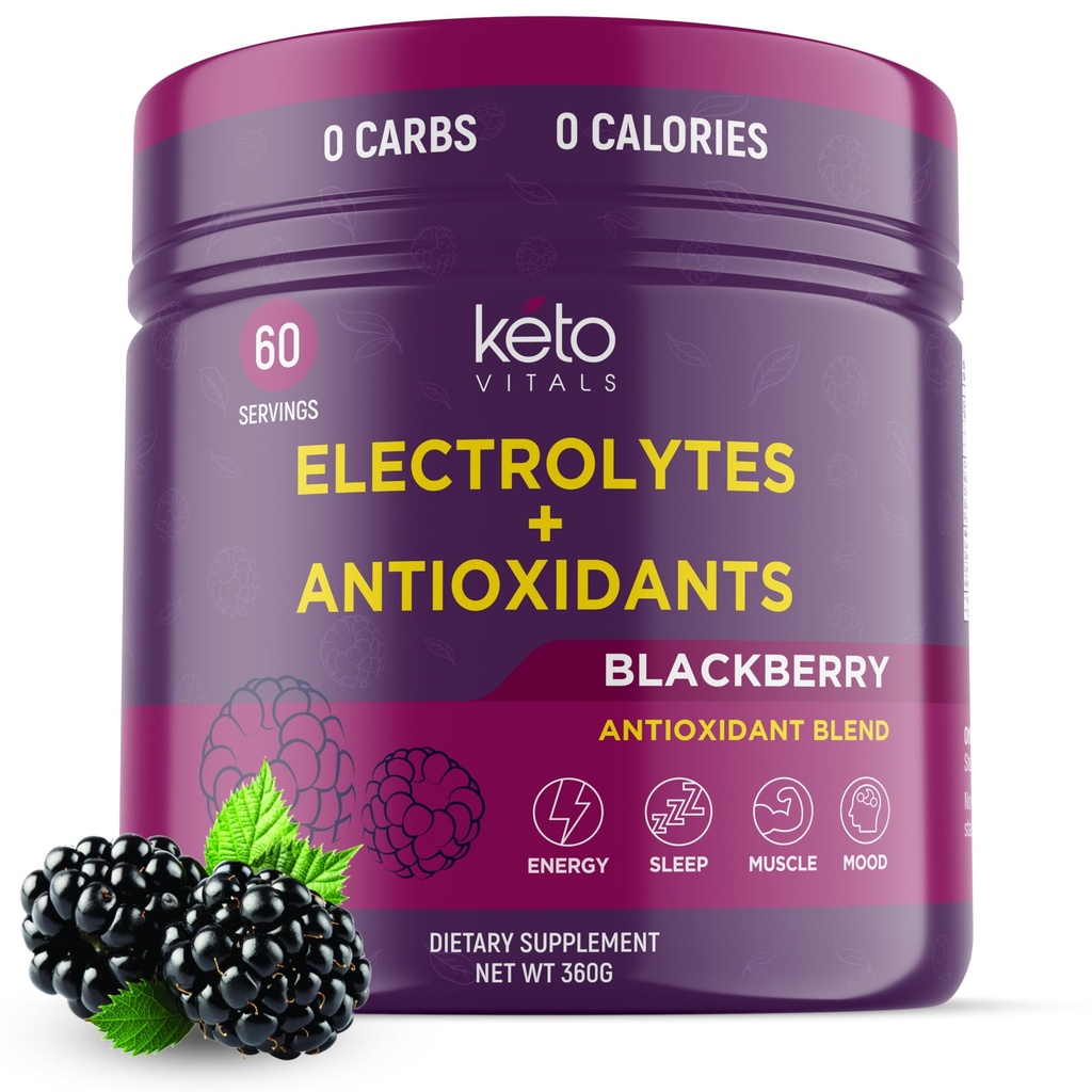 Keto Vitals Antioxidante Electrolitos Polvo - Blend Keto Electrolitos con Potasio, Magnesio, Sodio, " Calcio - No Sugar Electrolyte Drink Mix " Hydration Powder, 60 Servings, BlackBerry