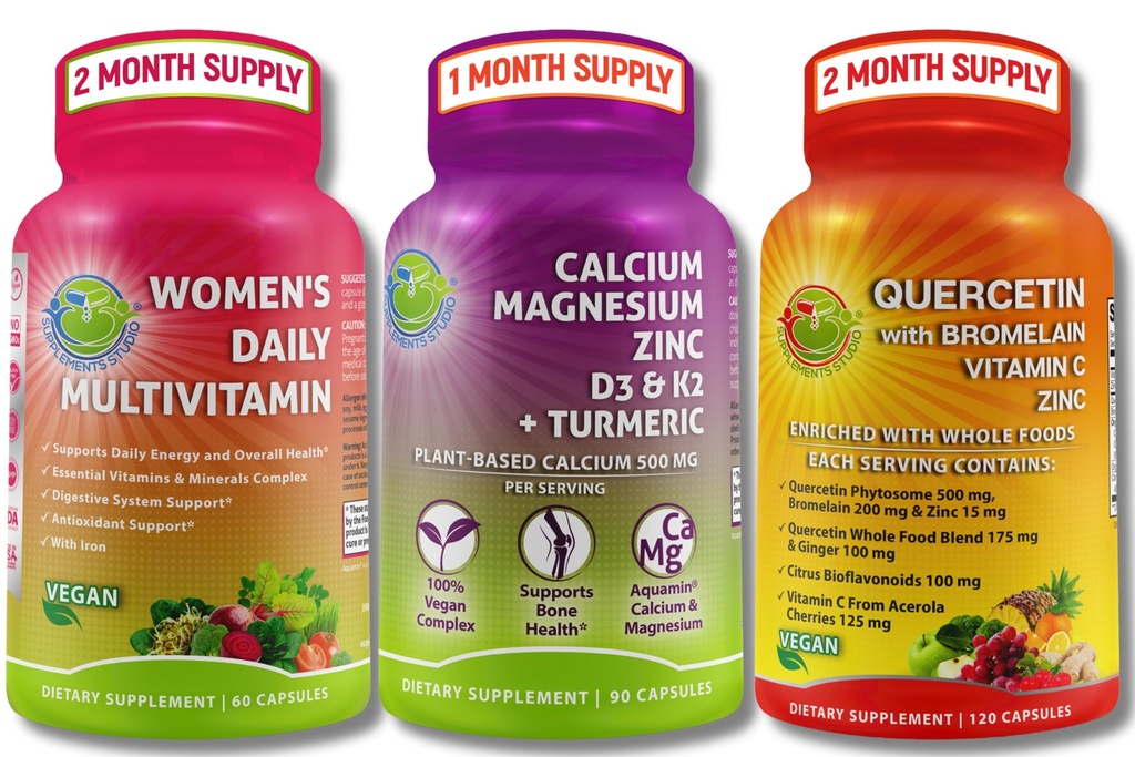 Immune, Bone & Energy Support Bundle – Quercetina con Bromelaina, Vitamina C & Zinc + Magnesio de Calcio con D3, K2 &amp; Turmérico + Multivitamina de Mujeres con Iron &amp; Ecológico Superalimentos