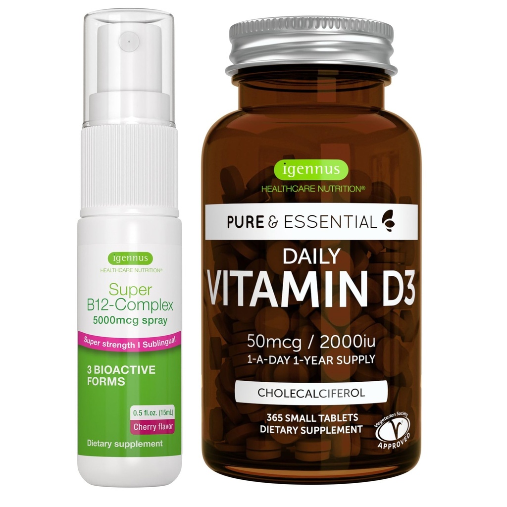 Vitamina Diaria D3 + Super B12-Complex 5000mcg Bundle Vegetariano, 365 2000iu Vitamina D3 Tabletas + Alta Fuerza B12 Cherry Flavor Sublingual Spray, por Igennus