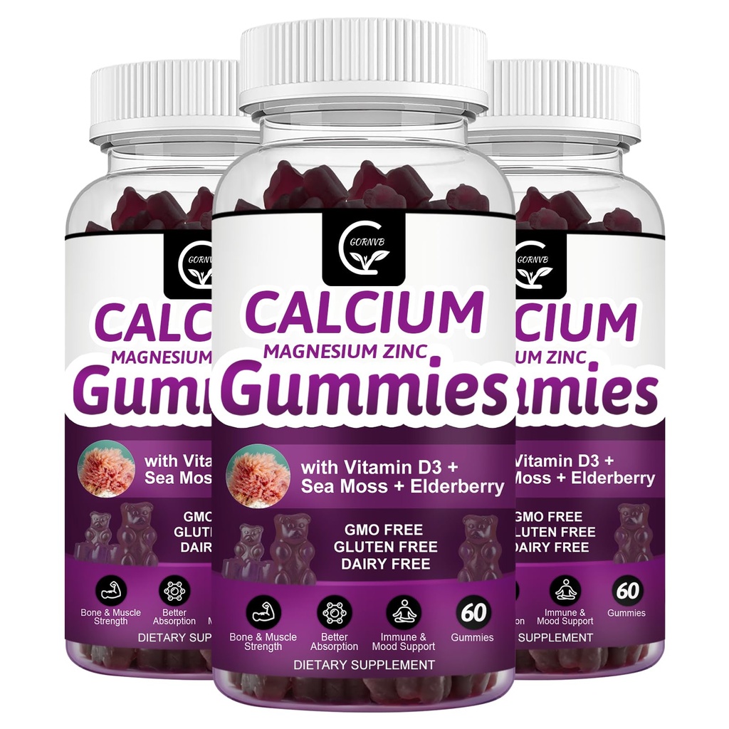 Calcio Magnesio Zinc Gummies with High Absorption Magnesium Glycinate Potassium - Complejo de Plantas Magnesio de Calcio 2:1 Ratio, con D3 Moss para Hueso, Musculos, Immune & Sleep Support, Vegan-3 Pack