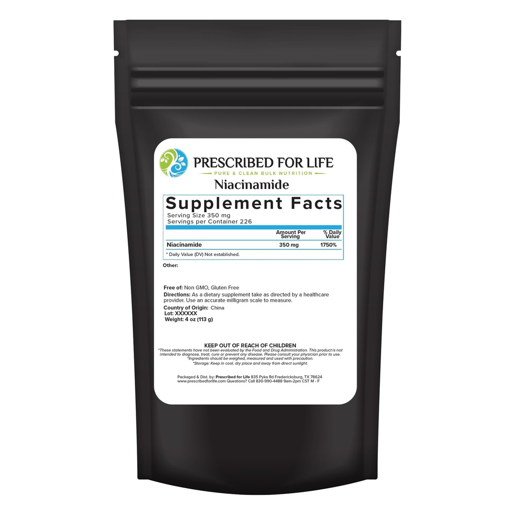 Prescrito para la vida Niacinamide Powder (B-C), Fine Granular USP Grado Vitamina B3 Polvo, Suplemento Natural de Nicotinamida, Gluten Gratis, No GMO, Vegan, Niacinamida Pura (4oz / 113g)