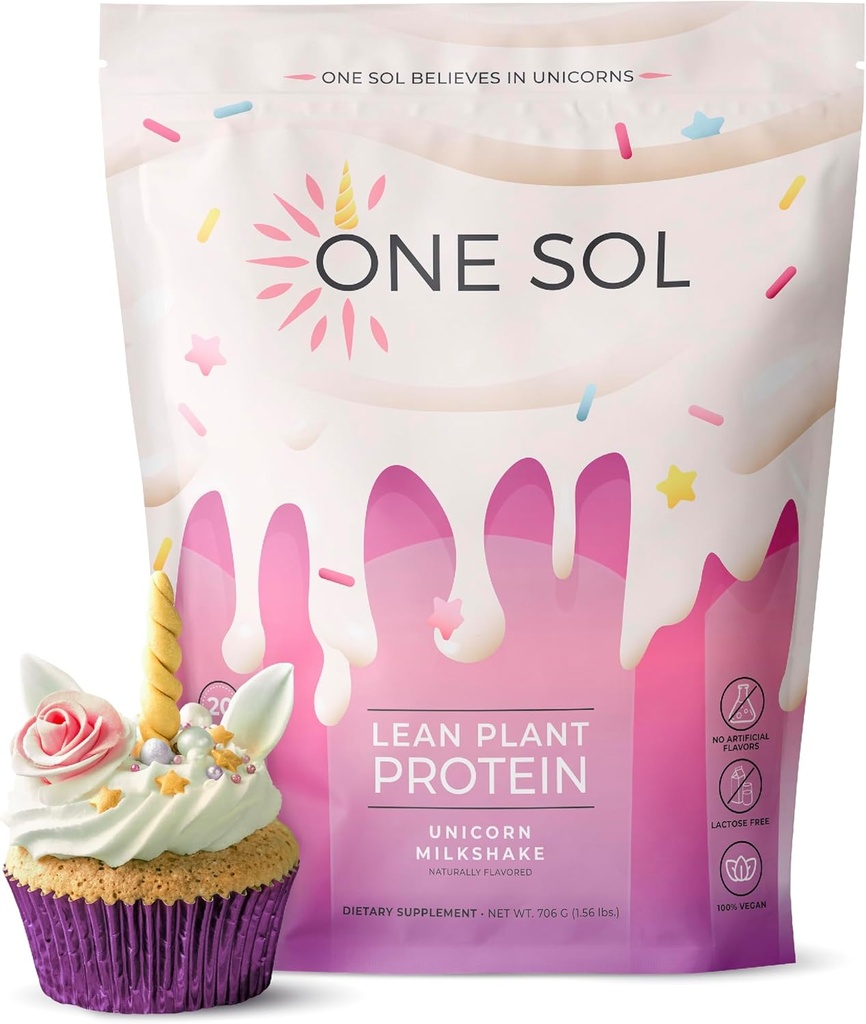 One Sol Lean Plant-Based Protein Powder, Pea & Brown Rice Protein, Low Carb, Vegan Friendly - Gluten, Lactose, & Soy Gratis - No Añadido Sugar, Non-GMO, Clean Nutrition, No Bloating (Unicorn Milkshake)
