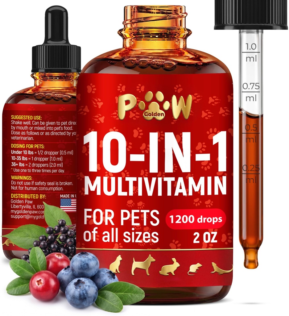Cat Multivitamínico – Vitaminas B, C y D3 en forma líquida – 10 en 1 Vitaminas y Suplementos para perros para ayudar con alergias e infecciones – Vitaminas para el cuidado de la piel y la carne – Glucosamina para las articulaciones de HIPS – 2 Oz