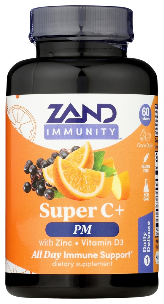 Zand Immunity Super C+ PM, Nighttime Immune Support Plus Melatonin, 1000mg PureWay-C Vitamin C, Zinc, D3 &amp; Elderberry, Enhanced Absorption - 60 Tablets, 30 Servings