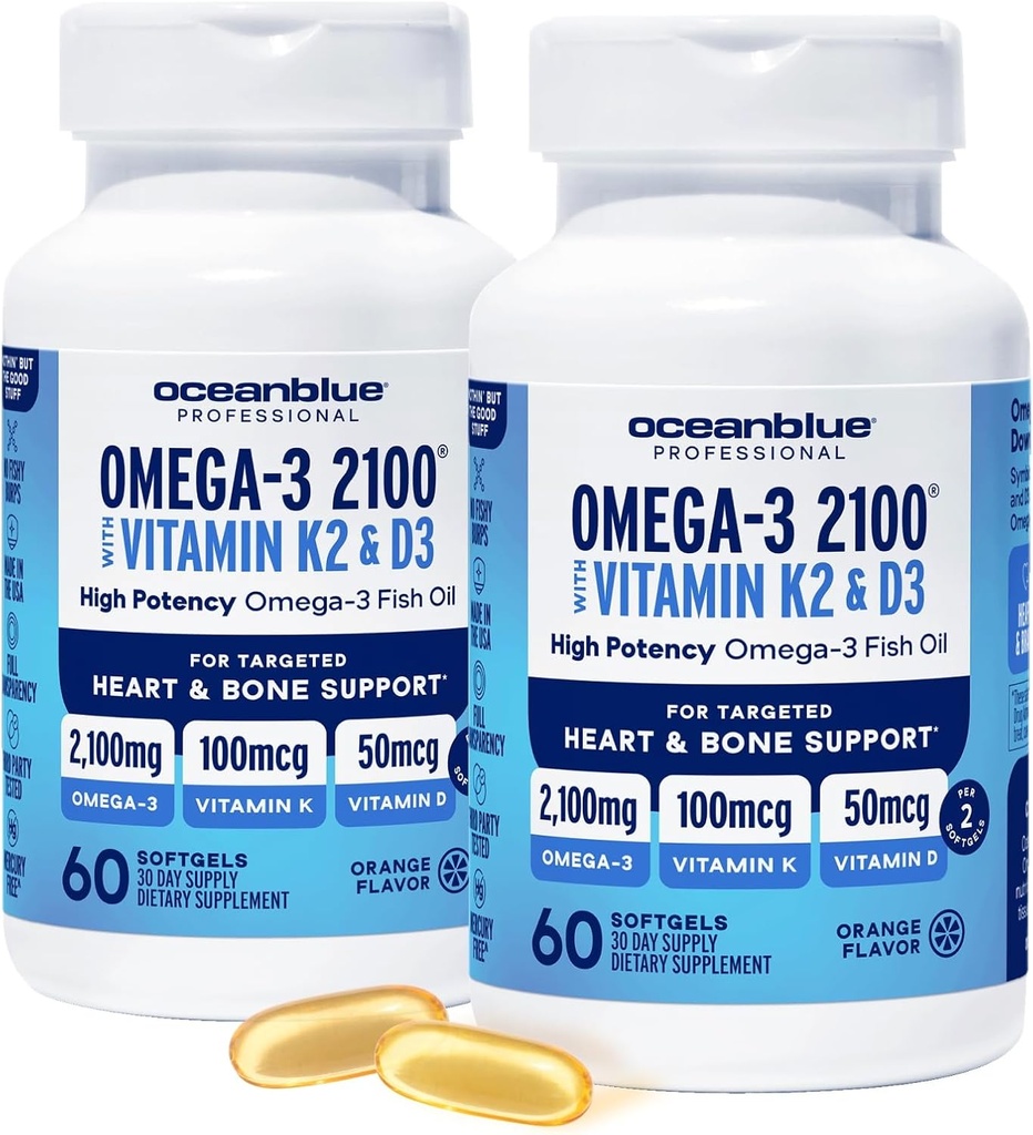 Oceanblue Professional Omega-3 2100 con vitamina K2 y vitamina D3-60 Conde 2 Pack- Triple Strength Burpless Fish Oil Suplemento con EPA, DHA &amp; DPA - Wild Caught - Orange Flavor, 60 Servings