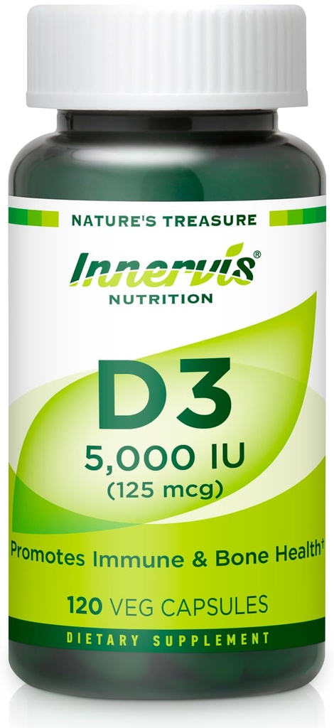 Alta Potencia Vitamina D3 5000 UI – Boost Immune, Soporte Bono & dientes, Fácil de Tragar 120 Capsules Veg