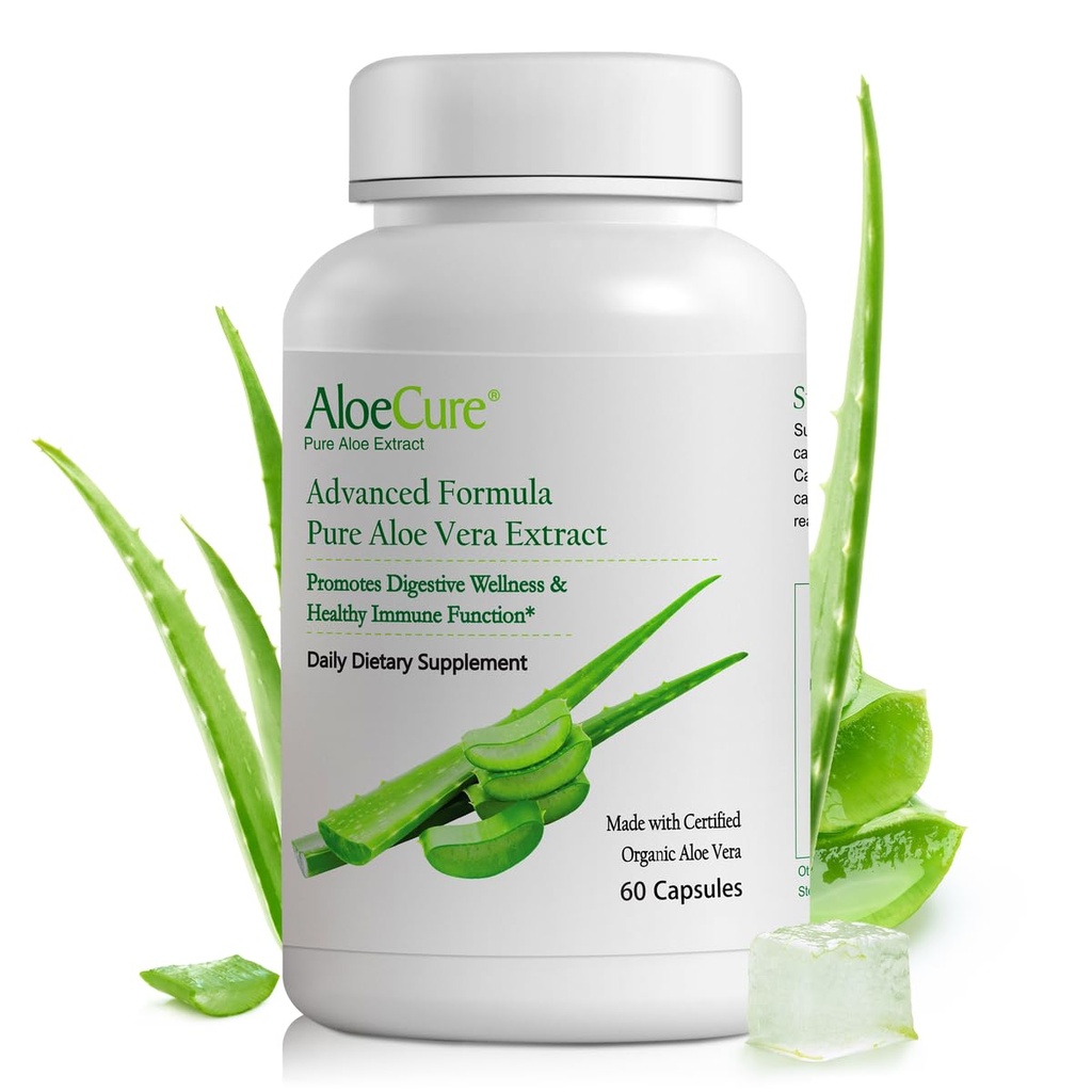 AloeCure Organic Aloe Vera Capsules, 130,000mg Inner Aloe Leaf Equivelant per Serving, Support Gut Health & Digestive Comfort, Stomach Acid Buffer, Natural Immune Supplement, Aloin Free, 60 cápsulas