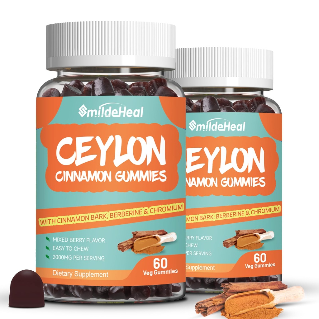 2 Pack Sugar Sin Ceilón Gummies de canela 2000MG, Suplemento de canela con cromo y corteza de canela, Vegan, No GMO, Gluten Free,120 Gummies