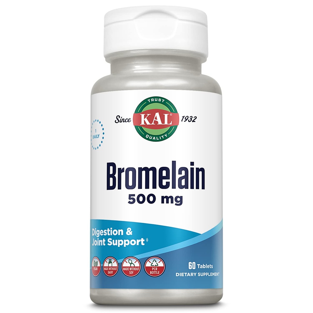 KAL Bromelain 500 mg, Suplemento de Digestión y Apoyo Conjunto, Enzimas Digestivas, Extracto de Piña, Desintegración Rápida, Vegan, Hecho Sin Leche o Soy, Laboratorio Verificado, 60 Servimientos, 60 Tablas