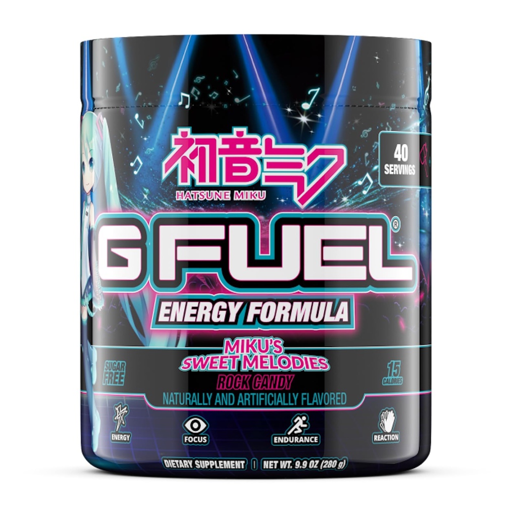 G Fuel Sweet Melodies Hatsune Miku Energy Drink Powder, Pre Workout Caffeine Mix for Gaming, Sugar Free Focus Amino, Vitamina + Antioxidantes, 9.9oz (Rock Candy, 40 Servings)