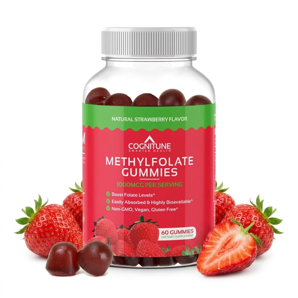 CogniTune Methylfolate Gummies - Easy to Take High Potency L-Methylfolate, Folate Supplement for Brain, Heart Health &amp; Immunity, Delicious Strawberry Flavor, Non-GMO, Vegan, Gluten-Free