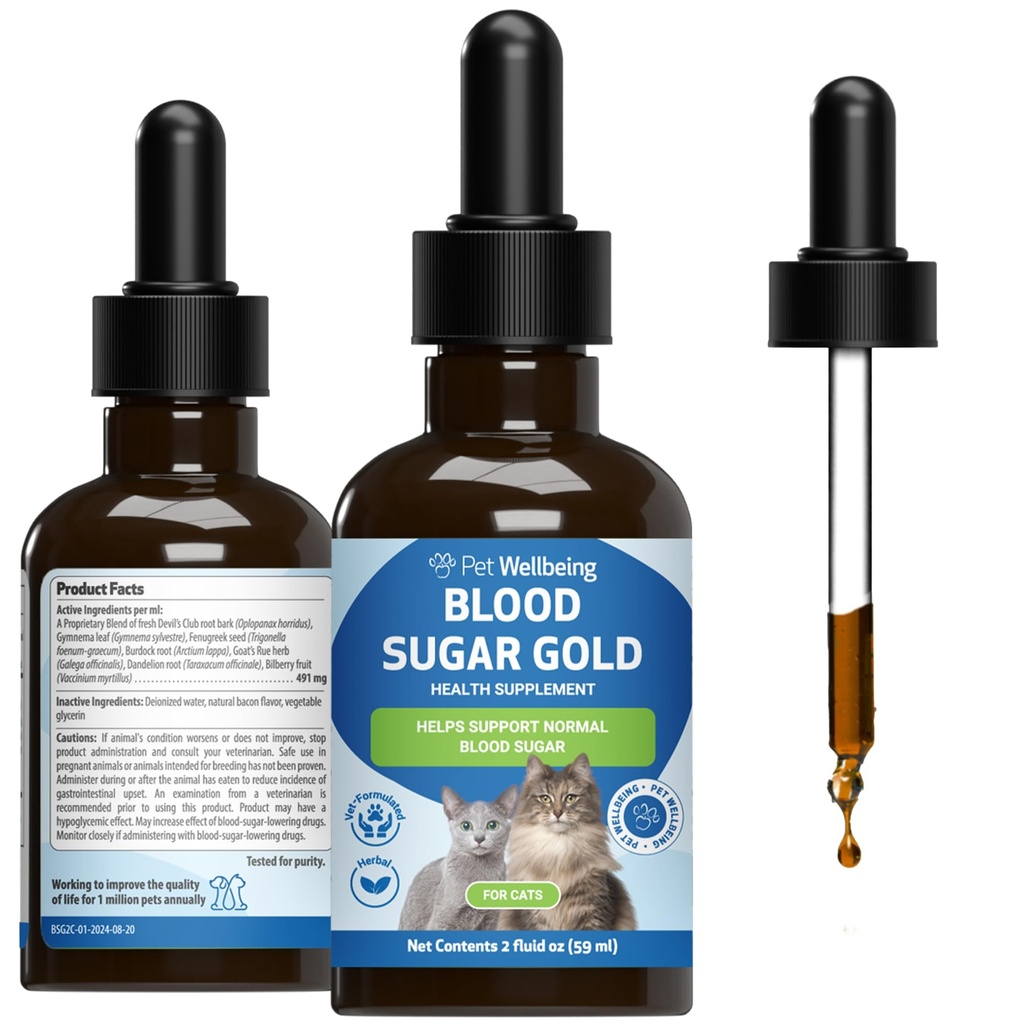 Bienestar de mascotas - Sugar de sangre oro para gatos - Apoyo natural para los niveles de azúcar de sangre saludable en gatos diabéticos - Estabilización de la insulina " función pancreática normal - 2 oz (59 ml)