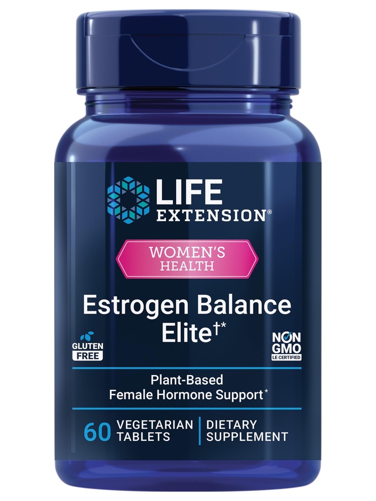 Extensión de vida Estrógeno Balance Elite, Menopause Support Supplement, Hormone Balance, Hot Flashes, Night Sweats, Vaginal Dryness, Gluten-Free, Non-GMO, Vegetarian, 60 Tablets.