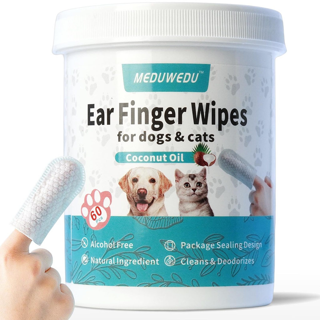 Limpiador de oídos Wipes 60 Condes, Limpiador de oídos de perros, Kit de novios para perros y gatos, Soft &amp; Easy Otic Cleaning Pads, Remove Wax, Dirt & Stop Smelly, Itchy, No irritante, Escena de coco