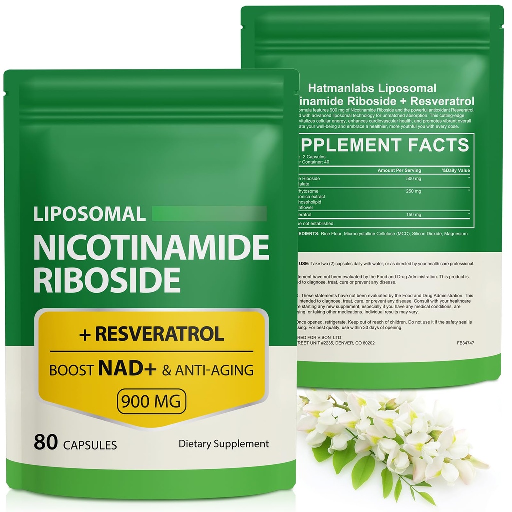 Suplemento NAD con Nicotinamide Riboside - Resveratrol,Liposomal Nicotinamide Riboside,Quercetina - Suplemento NAD de alta pureza para Anti-Envejecimiento, Focus, Energía 160 cápsulas (2 Bolsa)