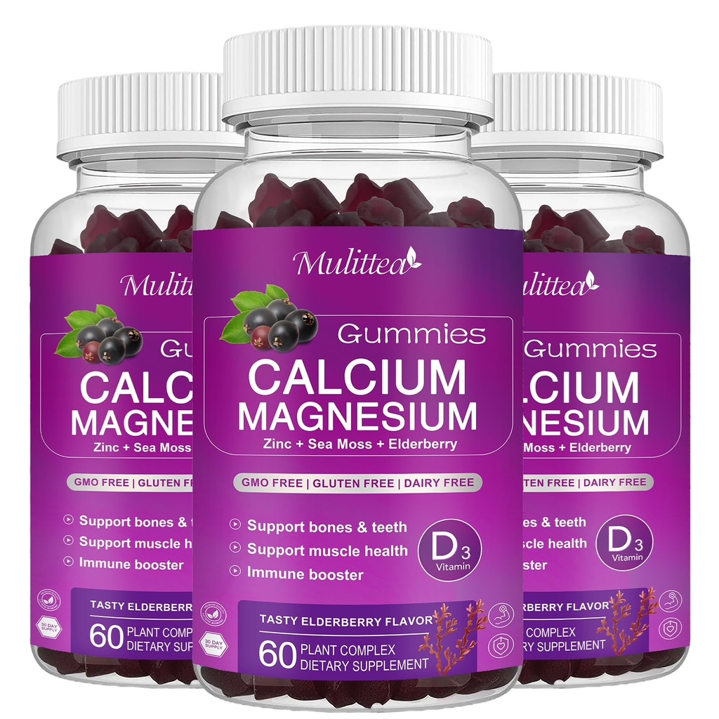 Calcio Magnesio Zinc Gummies with High Absorption Magnesium Glycinate 200mg, Potassium -Plant Calcium Supplement w/ D3 &amp; Sea Moss for Bone, Muscles, Calm Mood & Sleep Support- Kids & adults (3 Pack)