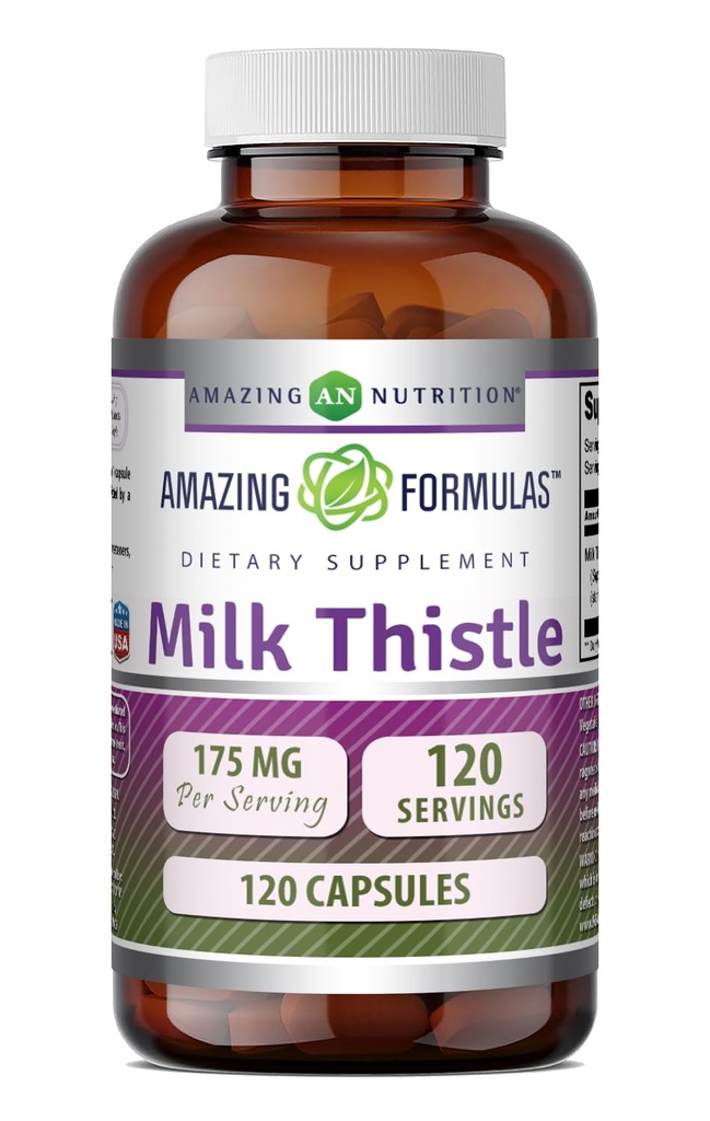 Amazing Formulas Milk Thistle Suplemento TEN 175 Mg per Serving TEN 120 Capsules ← No Gluten-Free TEN Made in USA