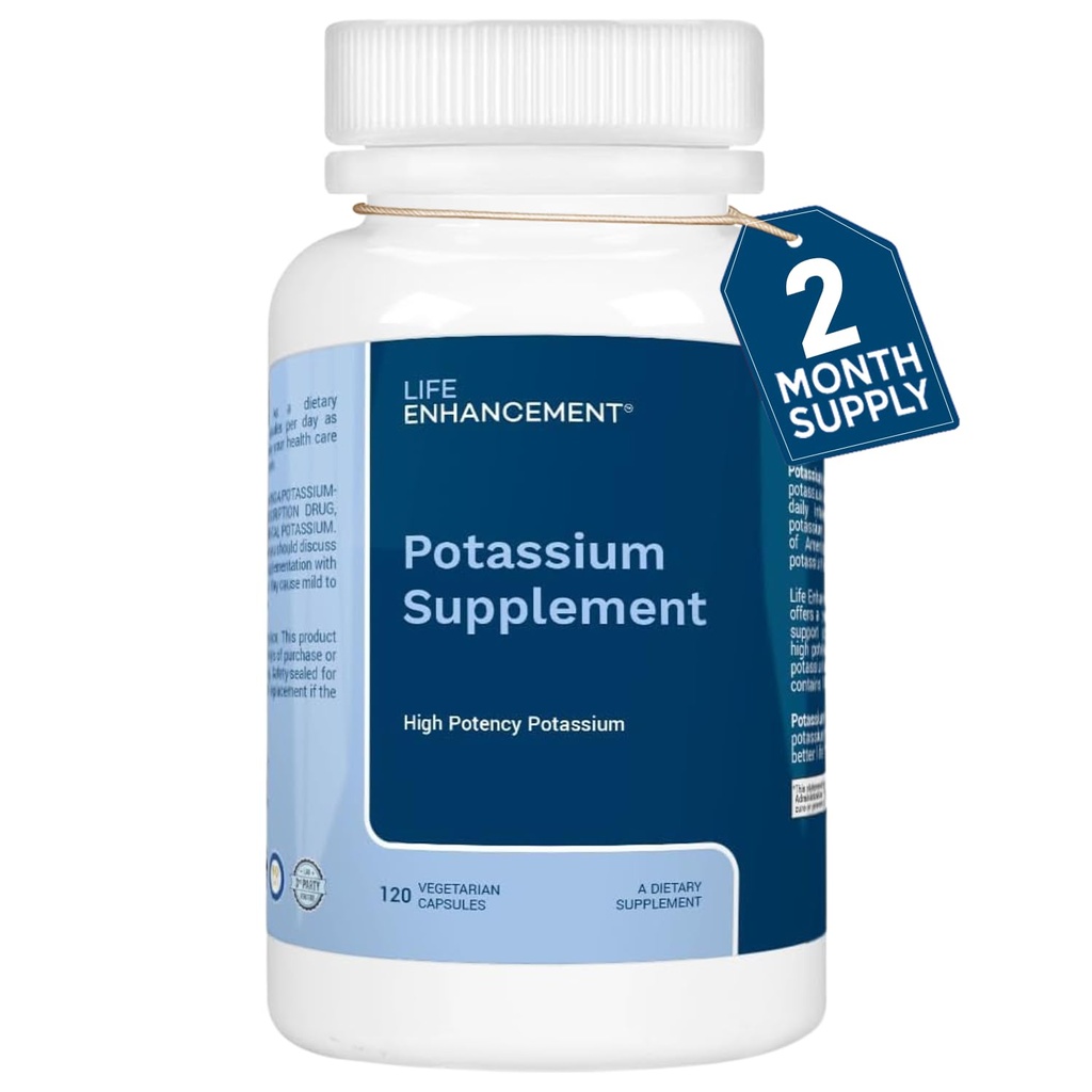 Suplemento de Potasio de Alta Absorción de la Vida para el Musculo, Cerebro &amp; Hueso Salud - No Aditivos Suplemento de Potasio Elemental de Alta Potencia, Hecho en EE.UU. (120 Capsules - 60 Servimientos)