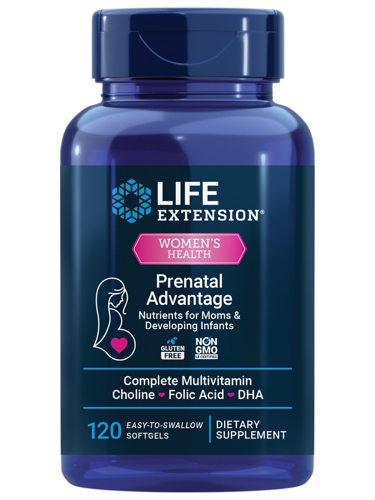 Extensión de la vida Ventajas prenatales, Multivitamina femenina, Apoyo al bebé, Ácido fólico, Choline, omega-3s, Vitamina C, D3, B1, B6, B12, zinc, niacina, Gluten Free, No GMO, 120 softgels
