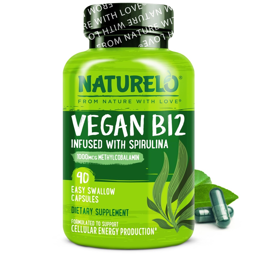 NATURELO Vegan B12 - Metil B12 con Espirulina Orgánica - Alta Potencia Vitamina B12 1000 mcg Metilcobalamina - Apoyo Mood sano, Energía, Corazón &amp; Ojo Salud - 90 cápsulas