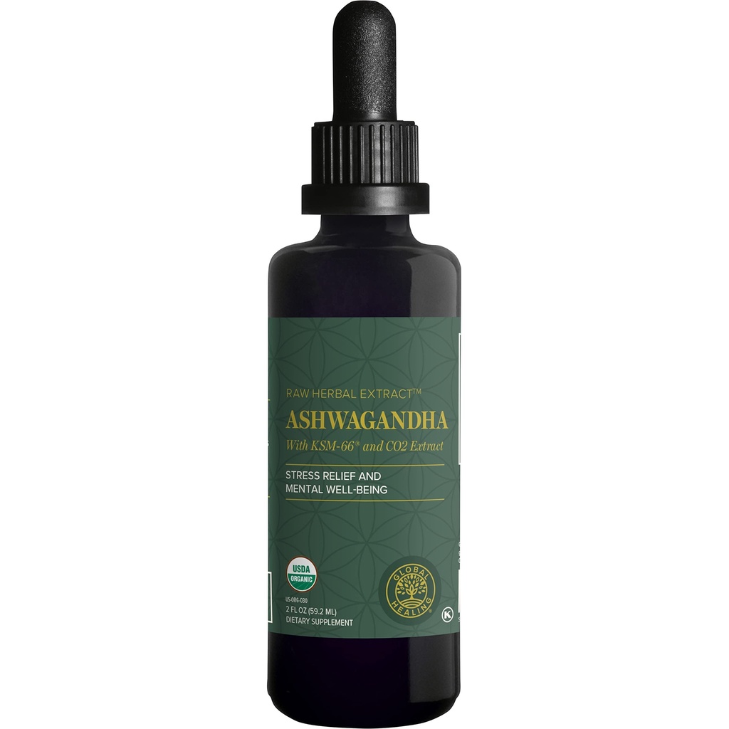 Global Healing Center - Organic Ashwagandha Supplements Drops - KSM-66 Ashwagandha Extra Strength for Men ' Women, Helps Promote Relief from Stress, Mood Support, Organic (2 Fl Oz)