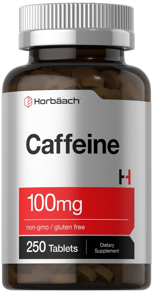 Horbäach Caffeine Pills 100mg  250 Tablets ← Fórmula Vegetariana ← Non-GMO, Gluten Free Supplement