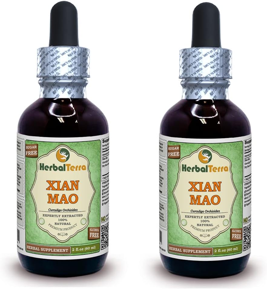 Xian Mao, Curculigo (Curculigo Orchioides) Glycerite, Orquídea Seca Orgánica Extracto líquido libre de alcohol (Marca Marca: HerbalTerra, Proudly Made in USA) 2x2 fl.oz (2x60 ml)