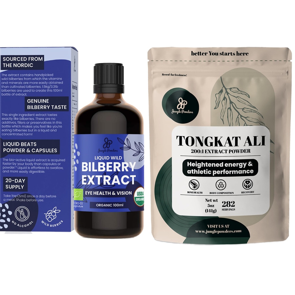 Polvos de selva Tongkat Ali para Hombre Polvos 200:1 Extracto 5 Bolsa de onda, Extracto de mora silvestre para ojos orgánicos 3.4oz Botella Bilberry Suplemento para Ojos