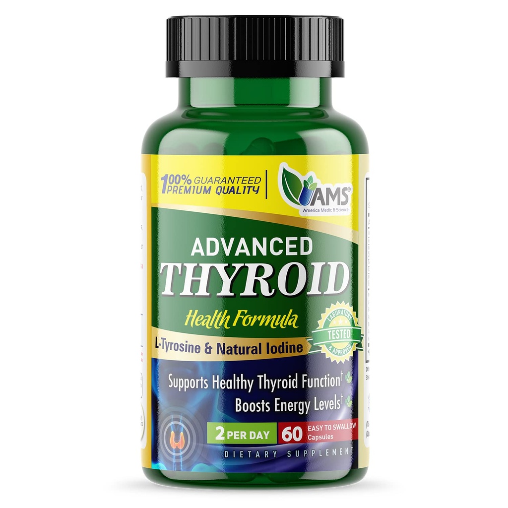 America Medic ' Science Advanced Thyroid (60 Capsules) Silencio Tiroides Soporte para Hombres y Mujeres ← Mood and Energy Booster Suplemento Silencio con Ashwagandha natural, Iodine, Selenium y Vitamina B12