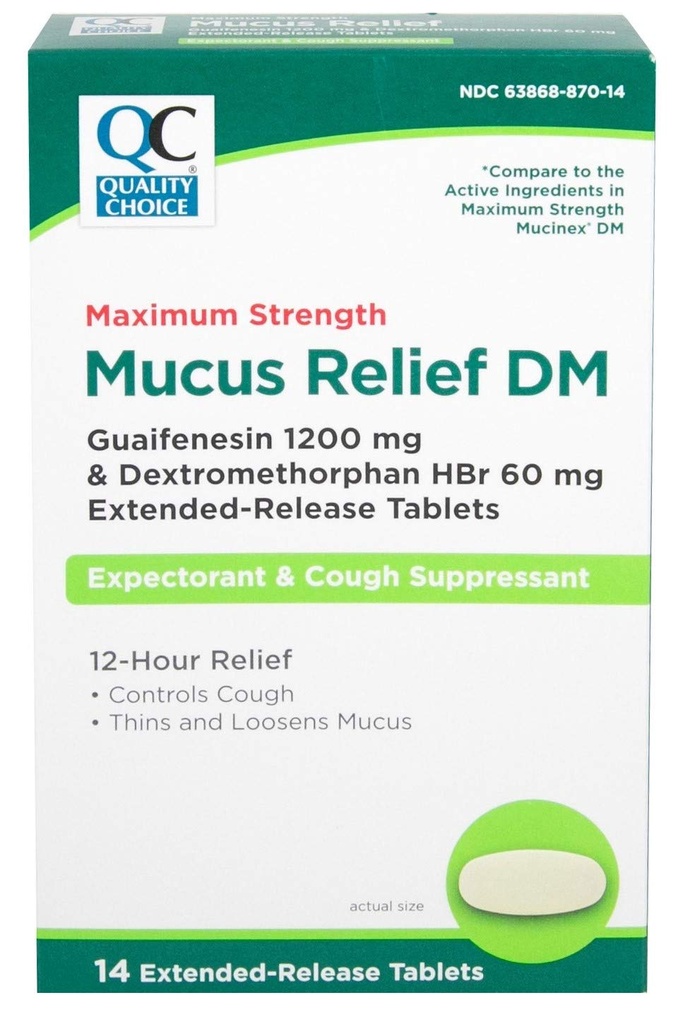 Opciones de calidad Máxima Fuerza Mucus Relief DM, Supresor de tos y expectorante, Alivio de 12 horas, Guaifenesin 1200 mg y Dextromethorphan HBr 60 mg Extended Release Tablets, 14 Cuenta