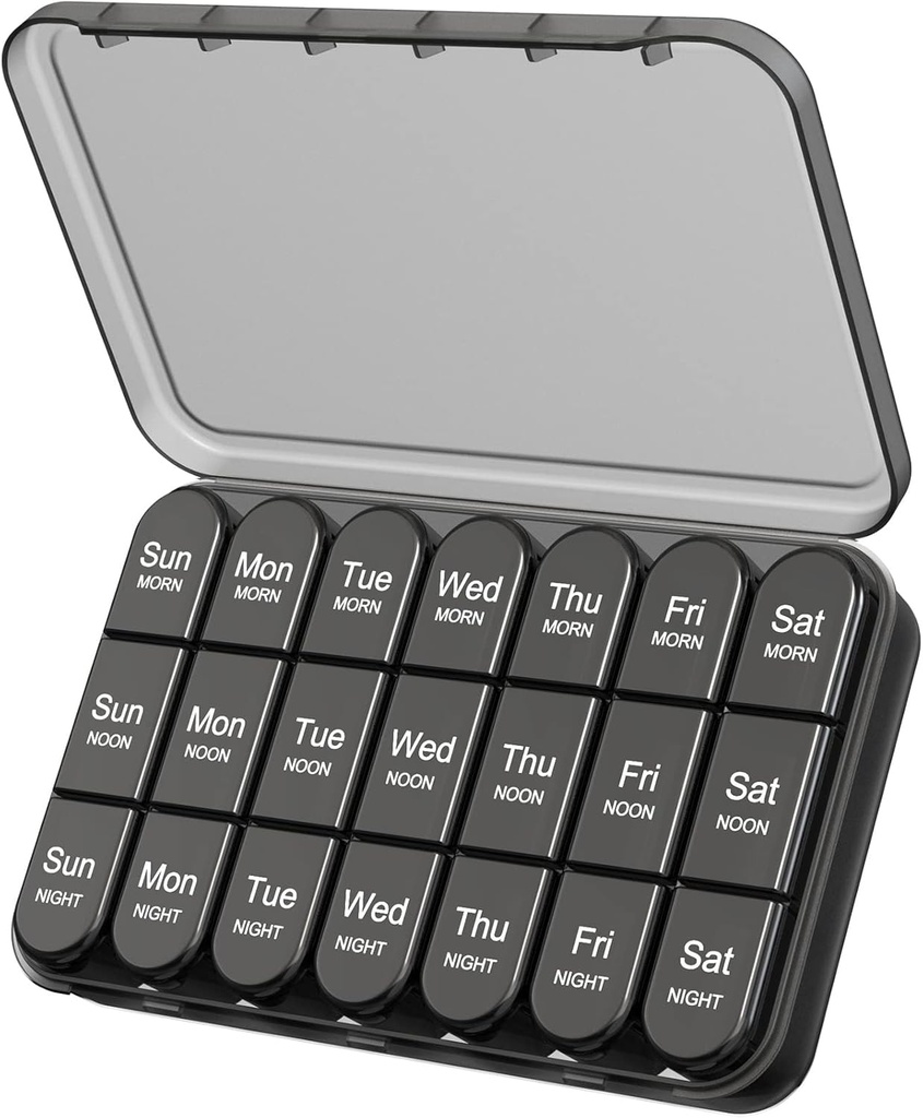 Organizador de píldoras Daviky 3X al día, caja semanal de píldoras 7 días, caja de píldoras de viaje con grandes contenedores, caja de píldoras ligera para vitaminas, medicamentos, suplementos y aceites de pescado (negro)