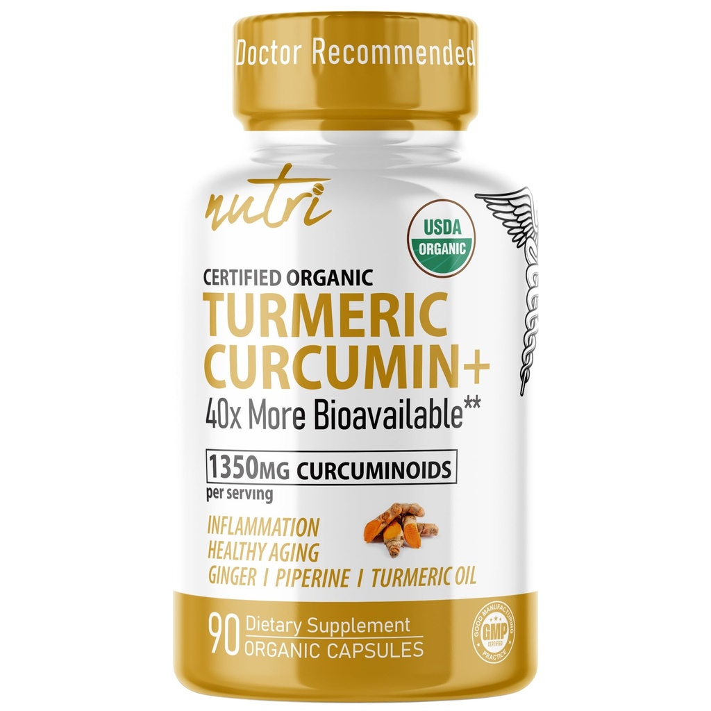 Fusiones de la naturaleza Nutri Suplemento Turmérico Orgánico 1425mg - 40x Más Biodisponible - 95% Curcuminoides - Curcumina Turmérica con Pepper Negro, Aceite de Ginger & Turmeric - Suplemento