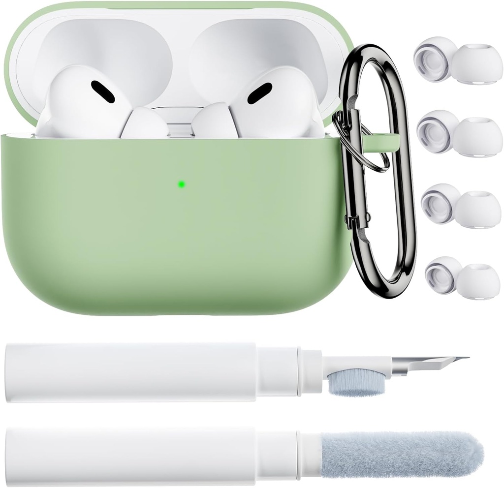 ORNARTO para AirPods Pro 2 Case, Compatible con AirPods Pro 1st/2nd Generation, Soft Silicone Cover with Cleaner Kit, Eartips Protector " Keychain-Pistachio