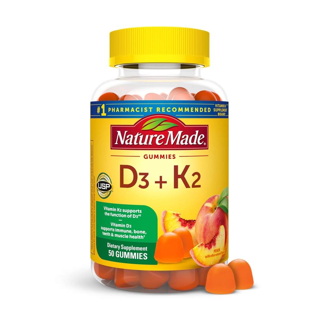 Nature Made Vitamina D3 K2 Gummies, Vitamina D 5000 UI Por Serving for Bone, Teeth, Muscle and Immune Support, 50 Vitaminas Gummy, 25 Day Supply