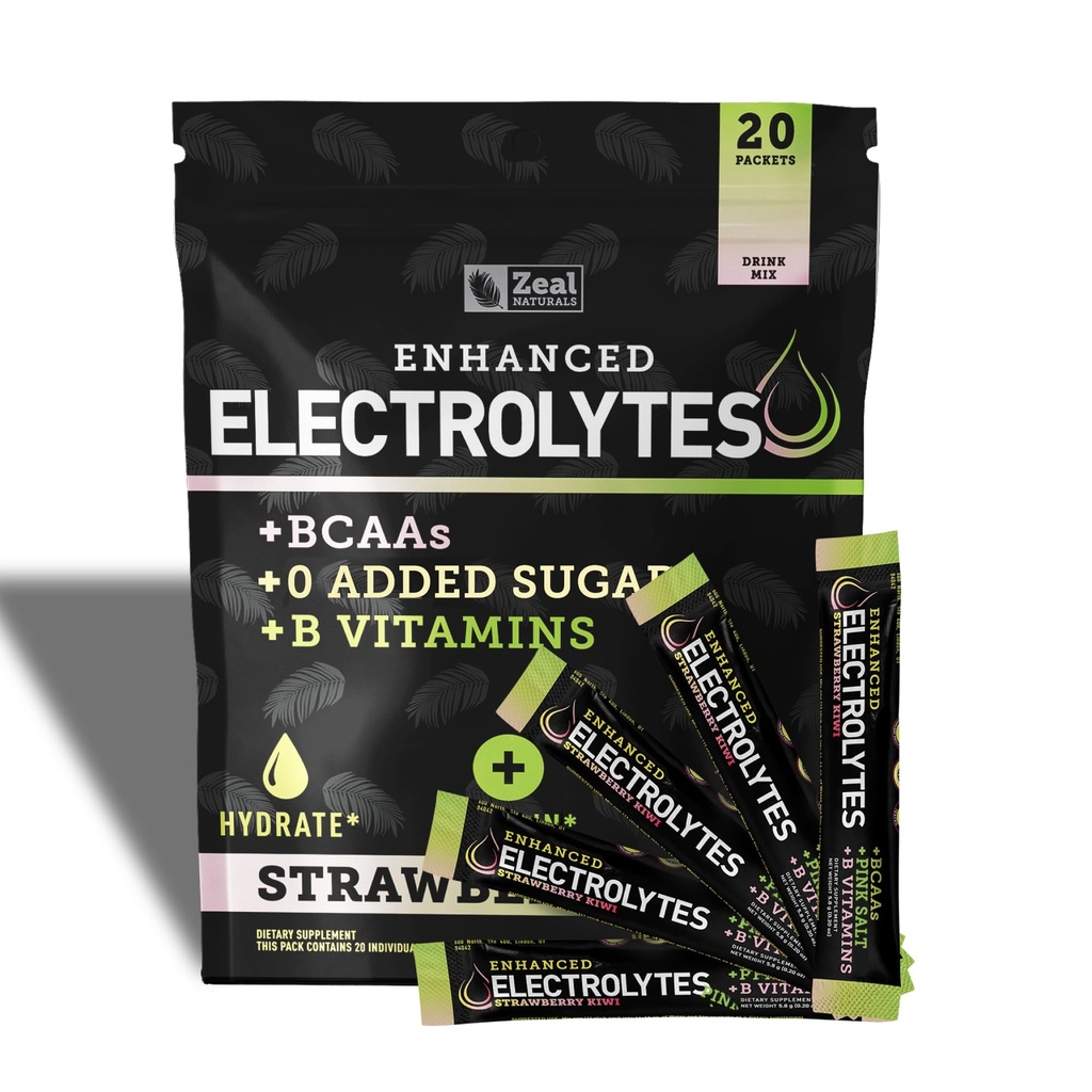 Enhanced Electrolyte Powder Stick Packs (Strawberry Kiwi tención 20 Packets) w / 0 Sugar +BCAAs +B-Vitamins Electrolyte Suplemento w Potassium Zinc &amp; Magnesium for Hydration - Keto Electrolytes