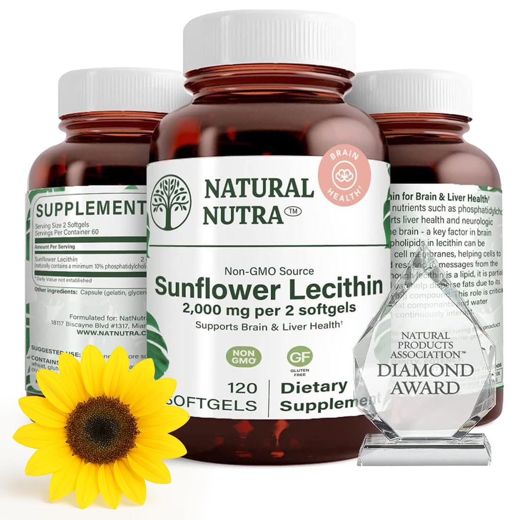 Natural Nutra Sunflower Lecithin 2000 mg Suplemento, Soporta a las madres de lactancia materna con Alivio de leche enchufada, Hierve &amp; Brain Health Booster, Soy Gratis, No GMO, Sin gluten, 120 Softgels (2 Pack)